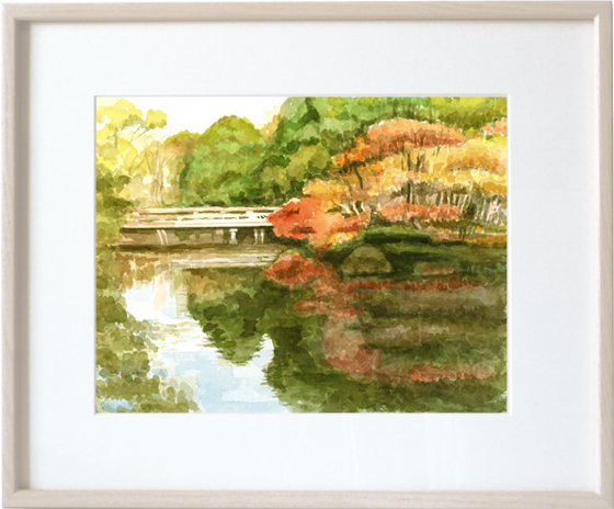池に映える紅葉額装