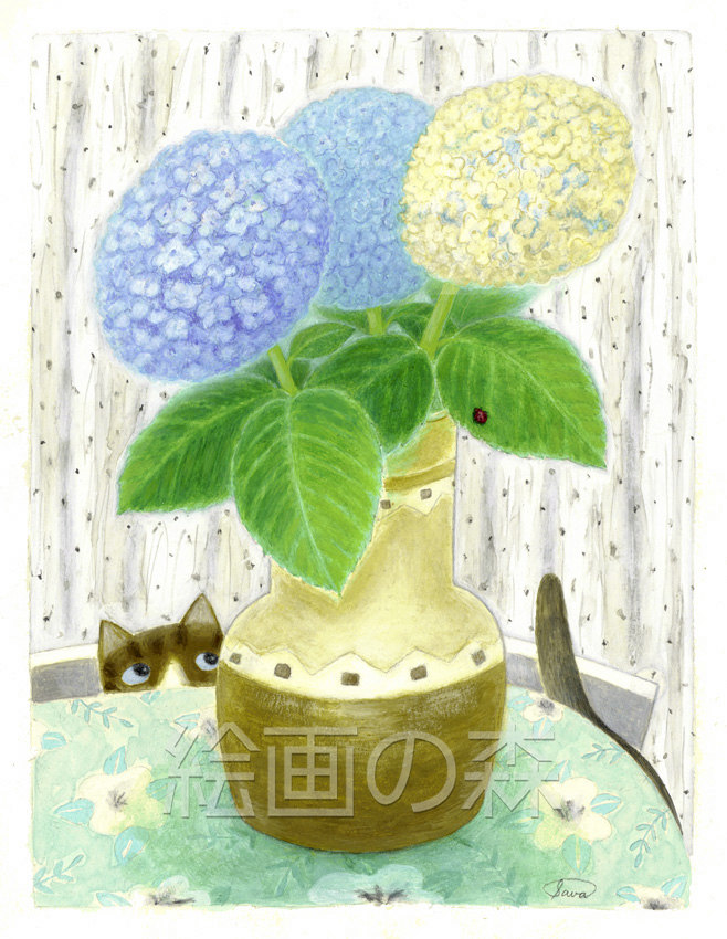 ネコとあじさい拡大