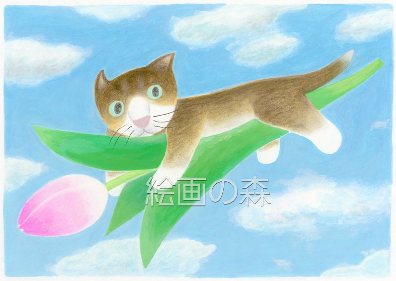 青空とネコとチューリップ　拡大